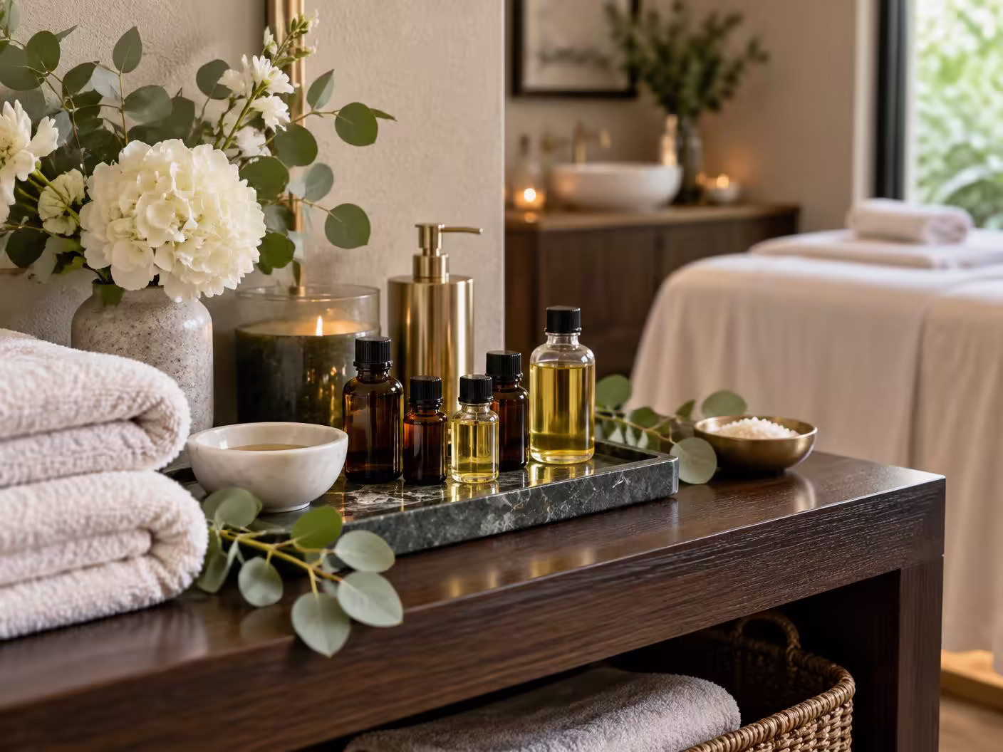 Aromatherapy oils, folded towels and fresh botanicals