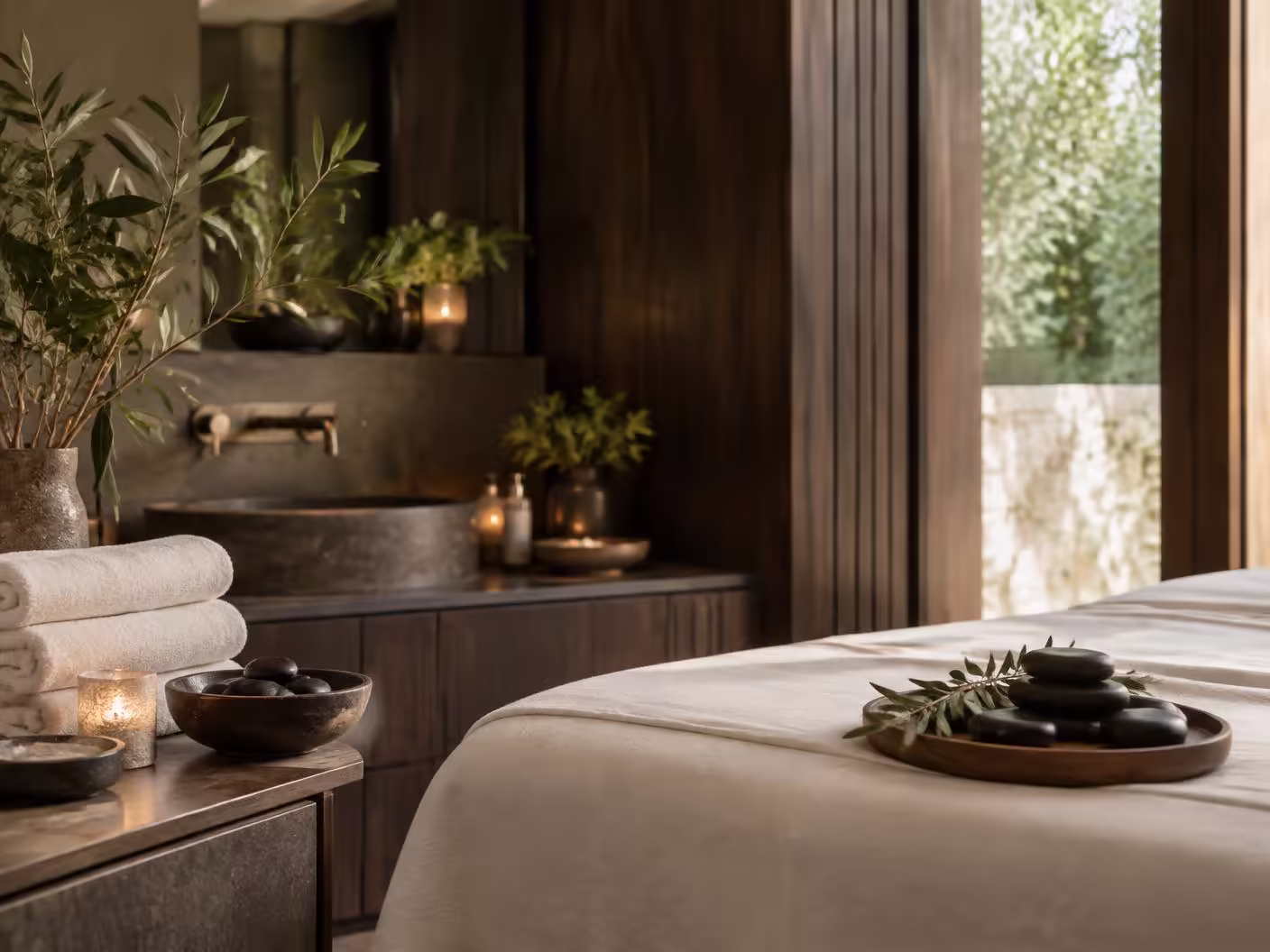 Warm stone treatment setting with folded towels