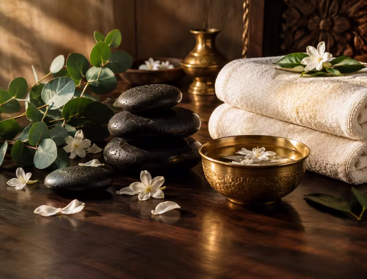 Hot stones and botanicals arranged for a spa ritual
